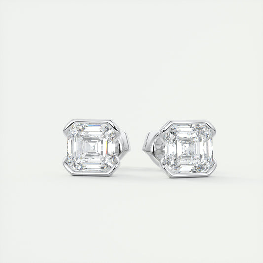 1.0CT Half Bezel Asscher Solitaire G-VS Lab Grown Diamond Earrings