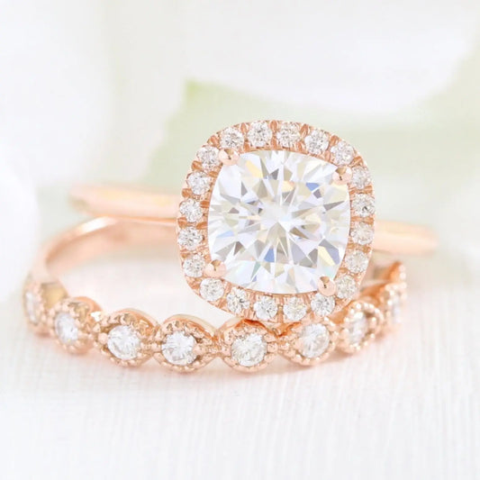 2.30CT Vintage Floral Cushion Cut Moissanite Halo Bridal Engagement Ring Set