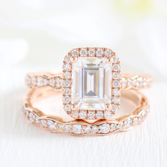 1.60CT Emerald Cut Moissanite Halo Bridal Engagement Ring Set