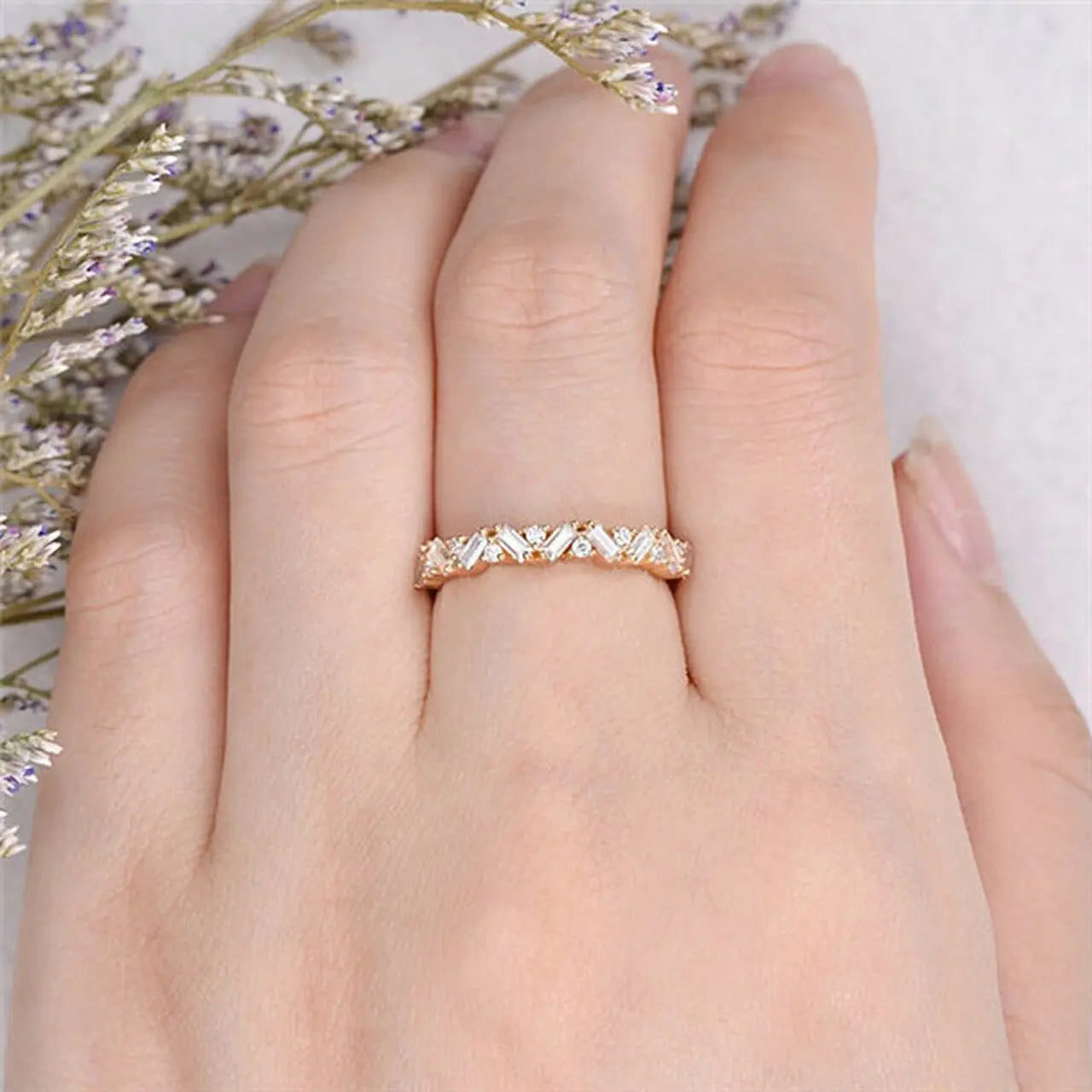 Baguette & Round Brilliant Cut Half Eternity Wedding Band