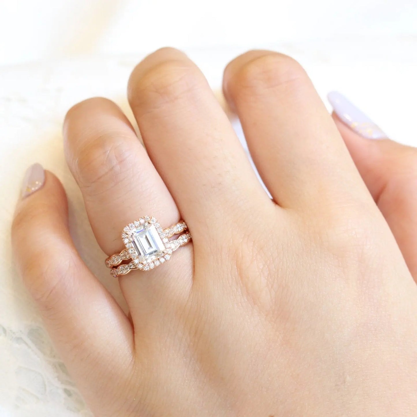 1.60CT Emerald Cut Moissanite Halo Bridal Engagement Ring Set