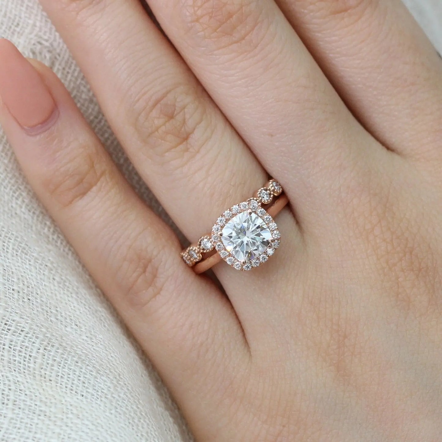 2.30CT Vintage Floral Cushion Cut Moissanite Halo Bridal Engagement Ring Set