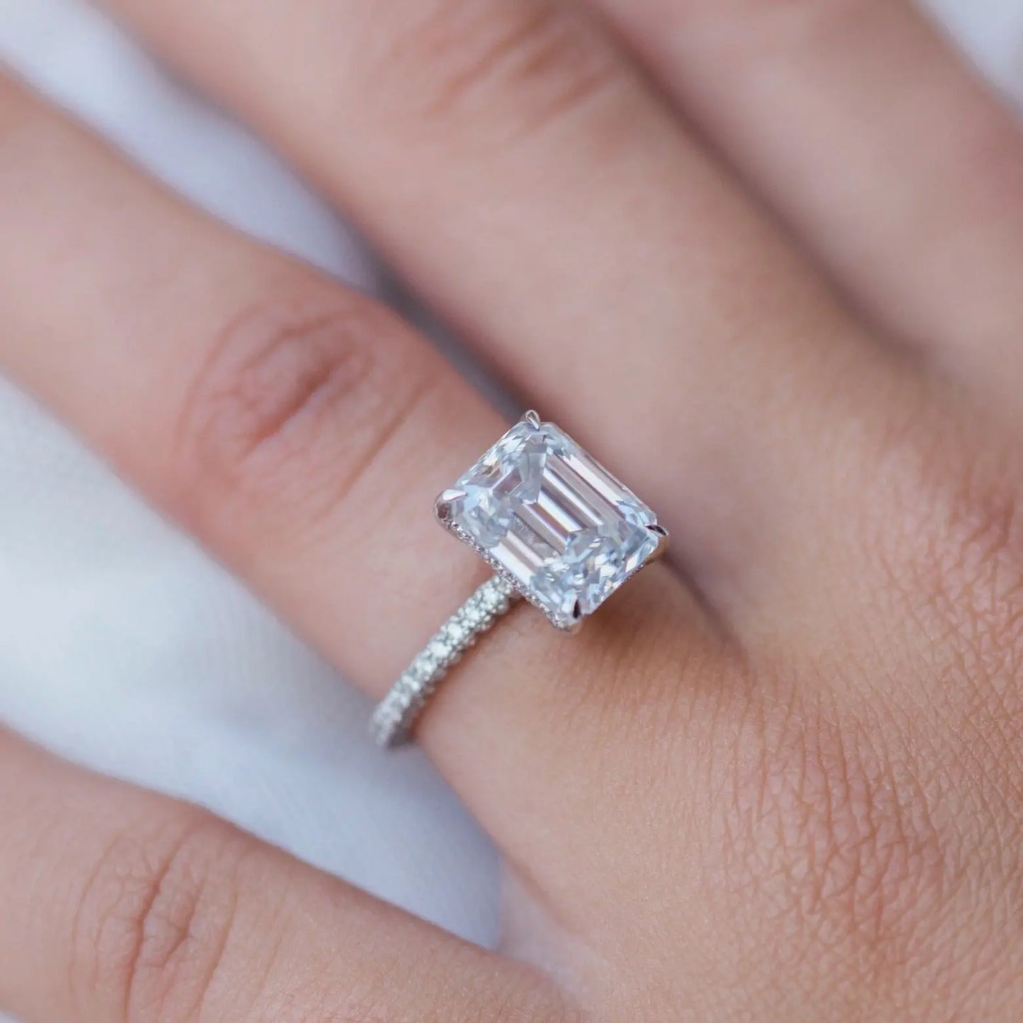 3.25CT Emerald Cut Hidden Halo Moissanite Engagement Ring