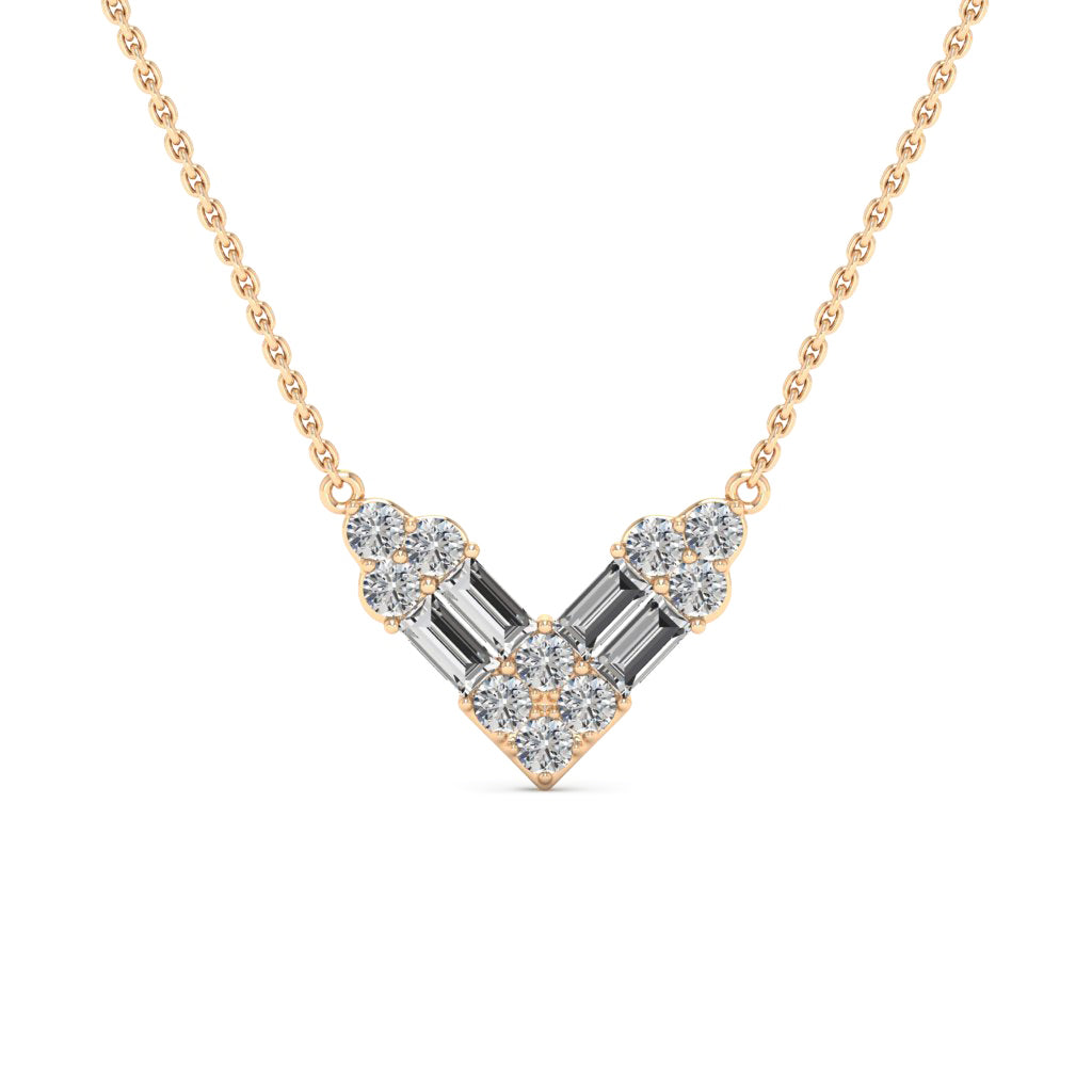 Round & Baguette Cut Moissanite Diamond V Shape Necklace