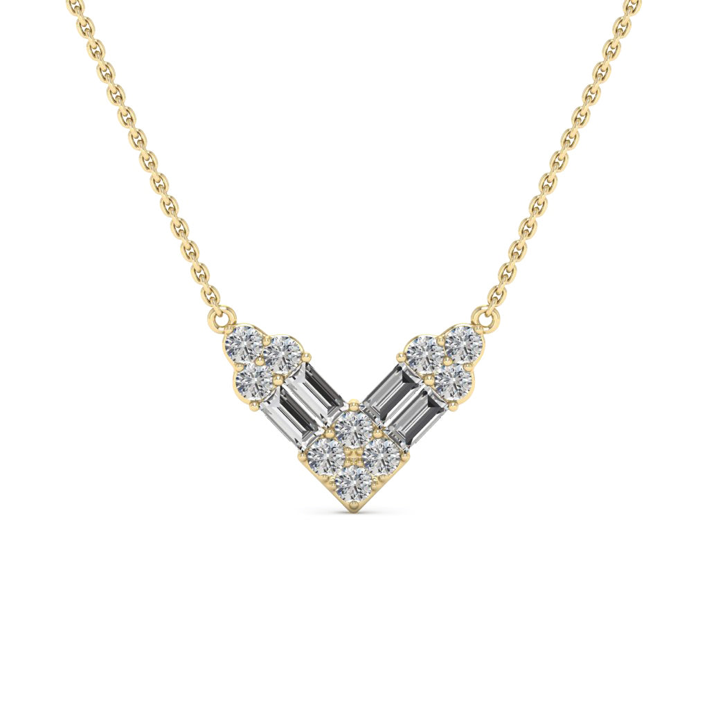 Round & Baguette Cut Moissanite Diamond V Shape Necklace