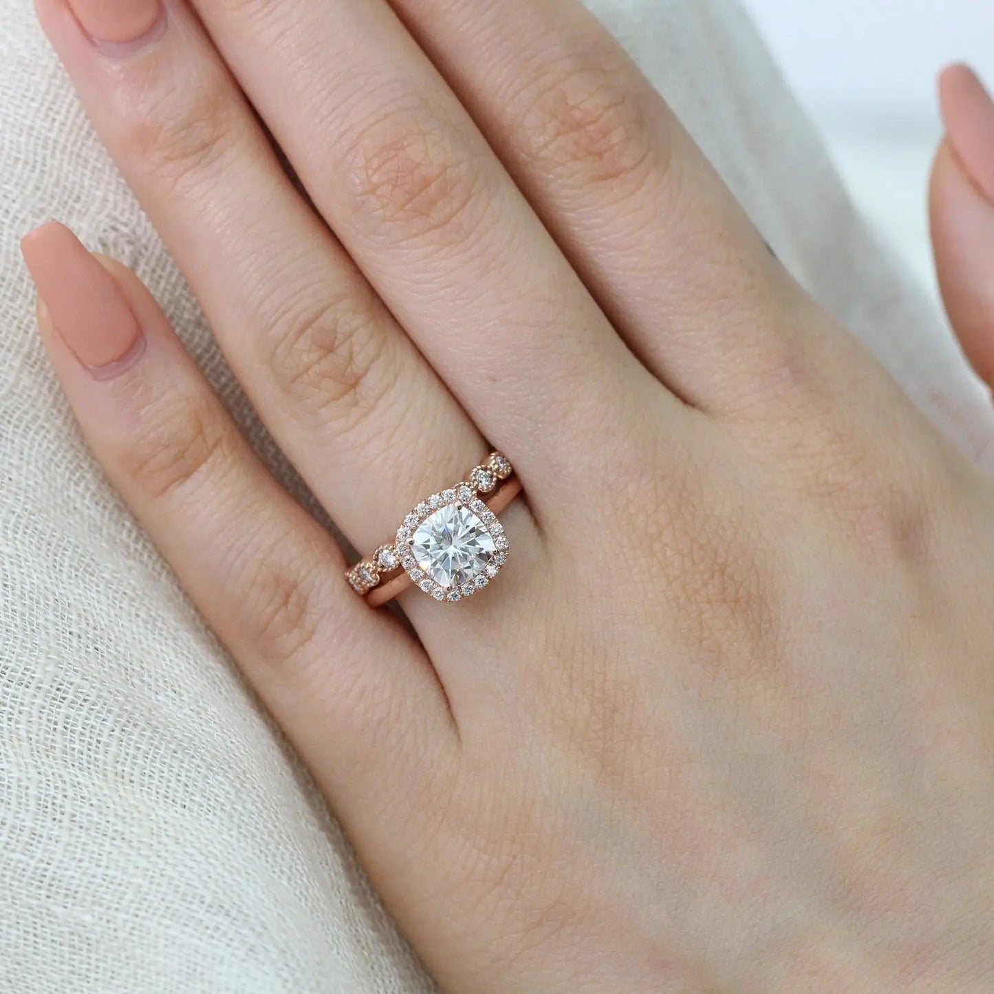 2.30CT Vintage Floral Cushion Cut Moissanite Halo Bridal Engagement Ring Set