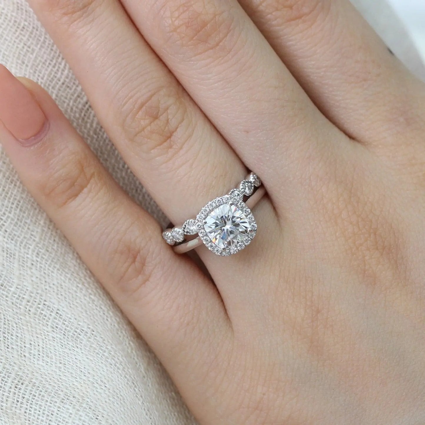 2.30CT Vintage Floral Cushion Cut Moissanite Halo Bridal Engagement Ring Set