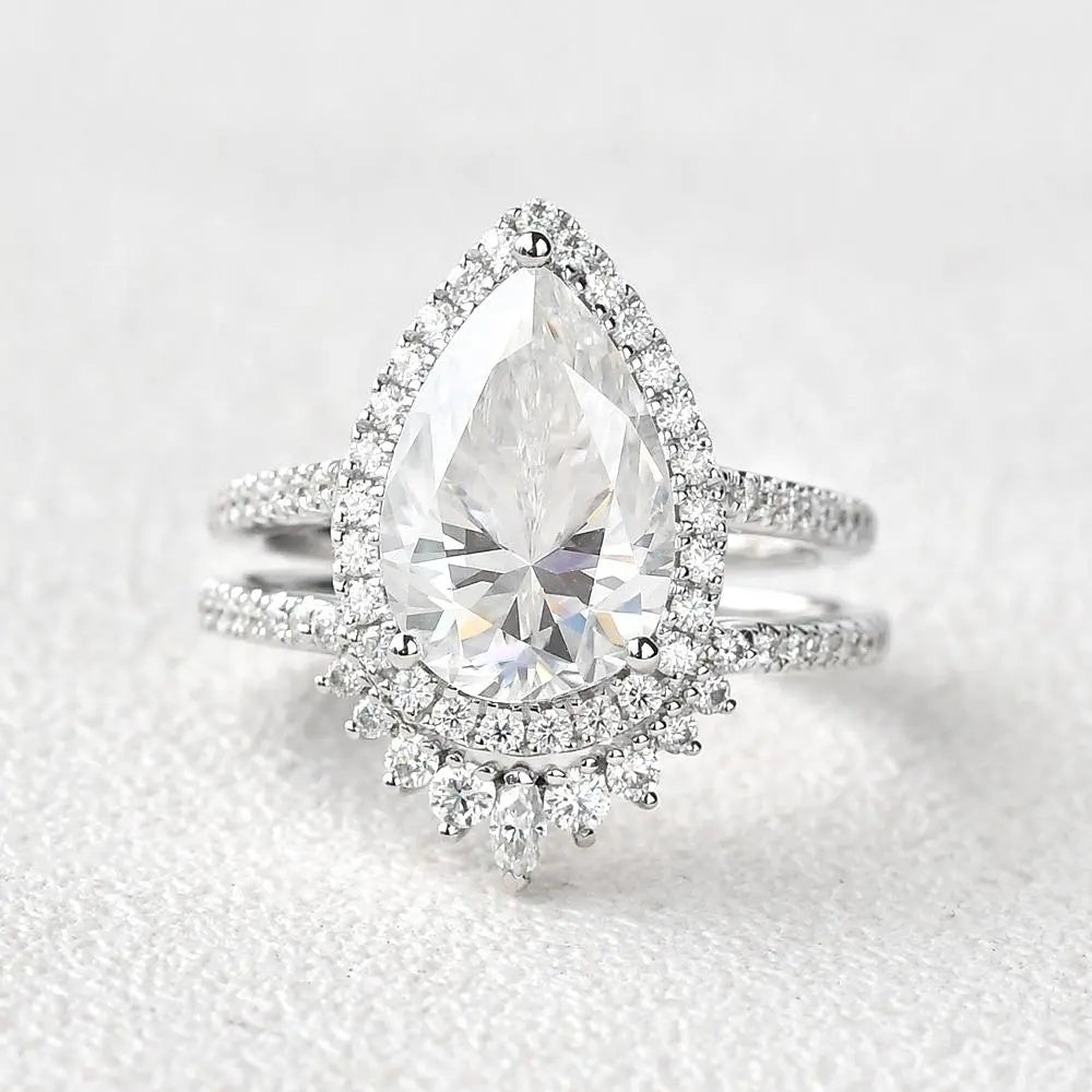 3.44CT Pear Cut Moissanite Halo Engagement Ring with Curved Stacking Band