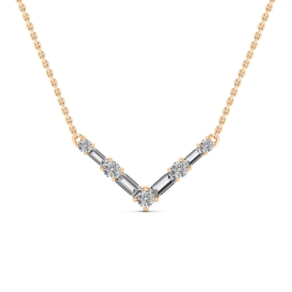 Round & Baguette Cut Moissanite Diamond V Shape Necklace for Women