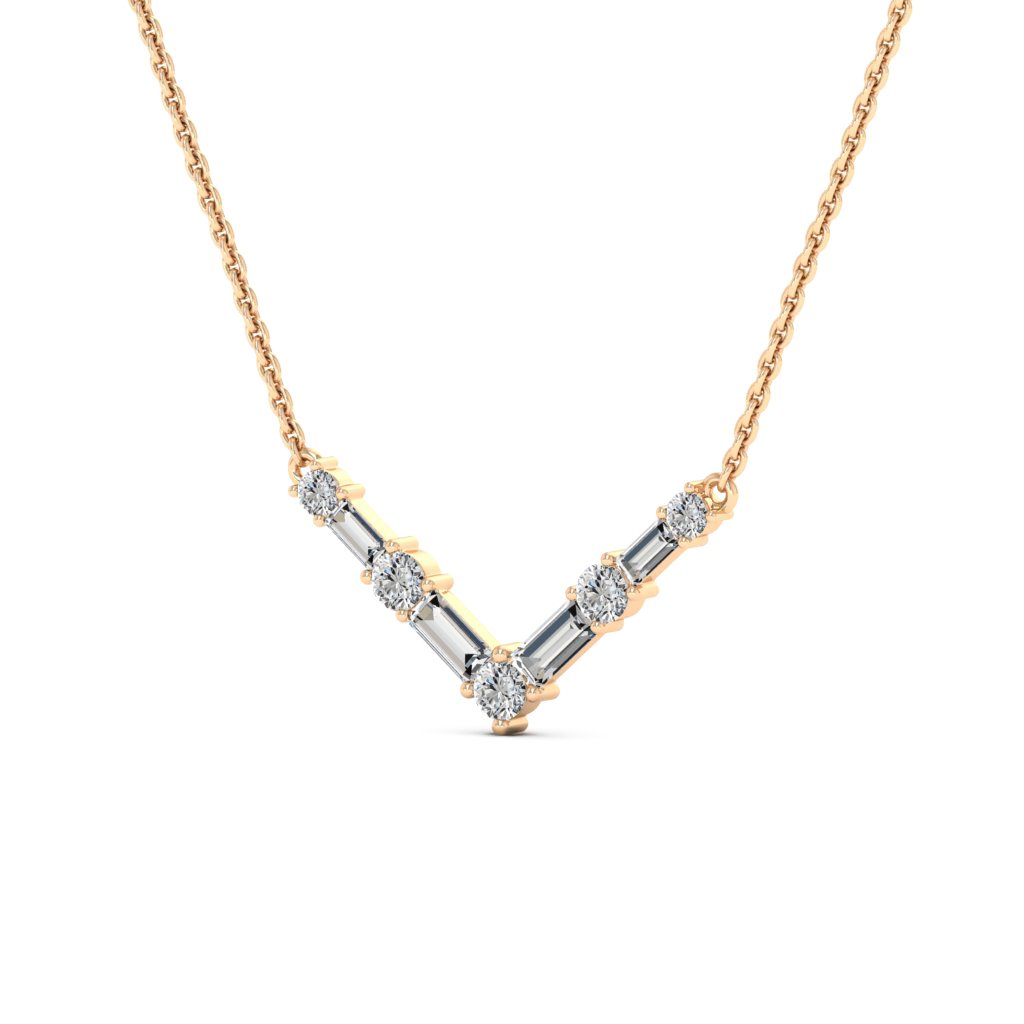 Round & Baguette Cut Moissanite Diamond V Shape Necklace for Women