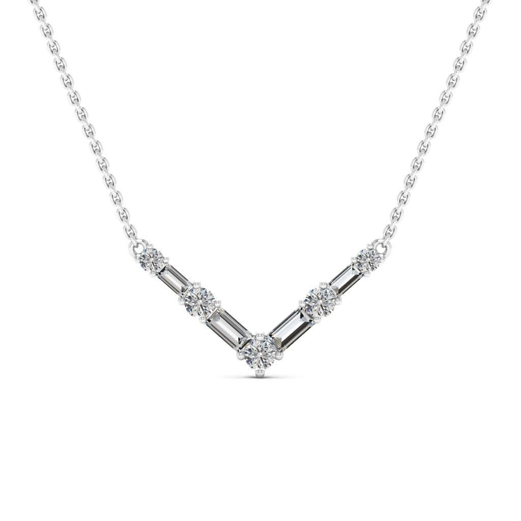 Round & Baguette Cut Moissanite Diamond V Shape Necklace for Women