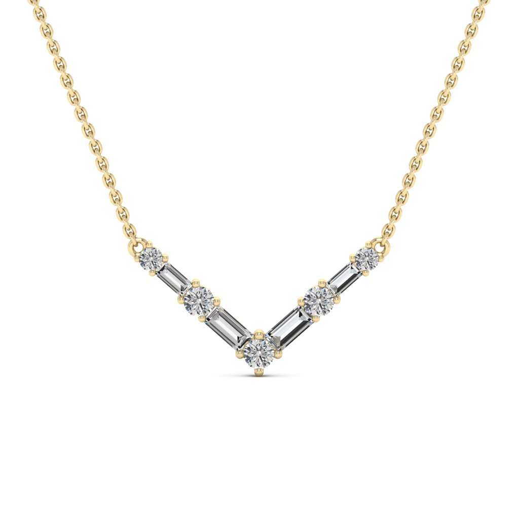 Round & Baguette Cut Moissanite Diamond V Shape Necklace for Women