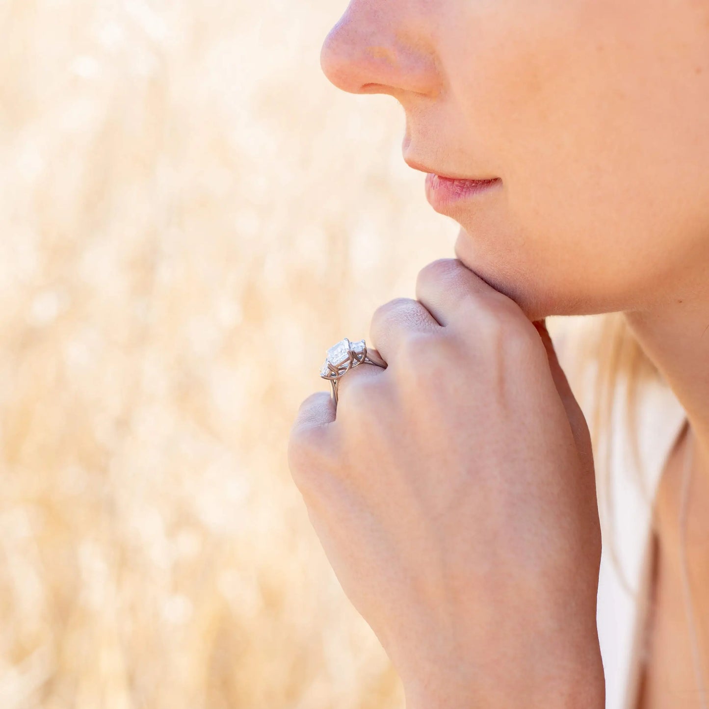 2.0CT Emerald Cut Moissanite Diamond Three Stone Engagement Ring