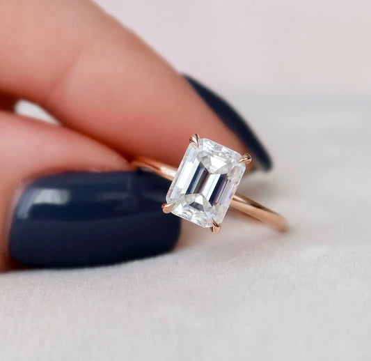 2.0CT Emerald Cut Hidden Halo Moissanite Engagement Ring