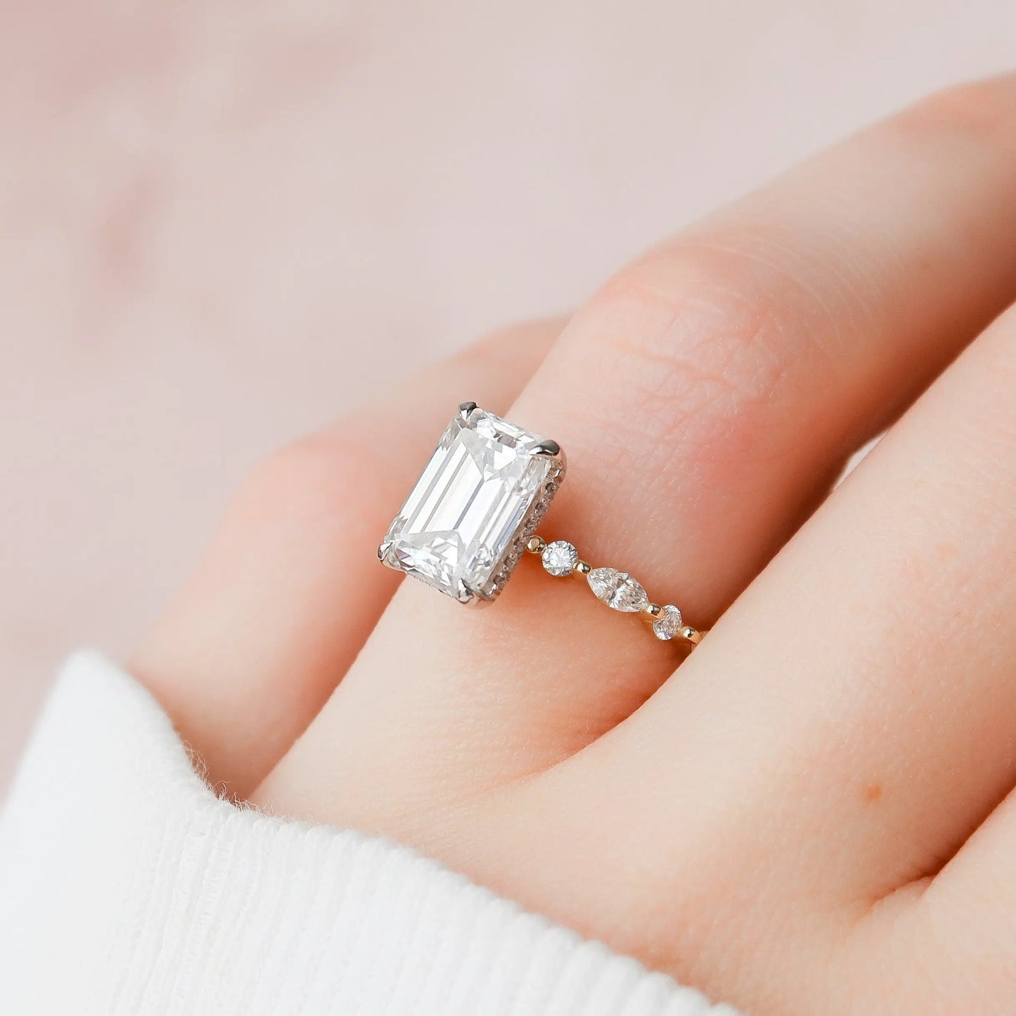 3.0CT Emerald Cut Moissanite Hidden Halo Engagement Ring