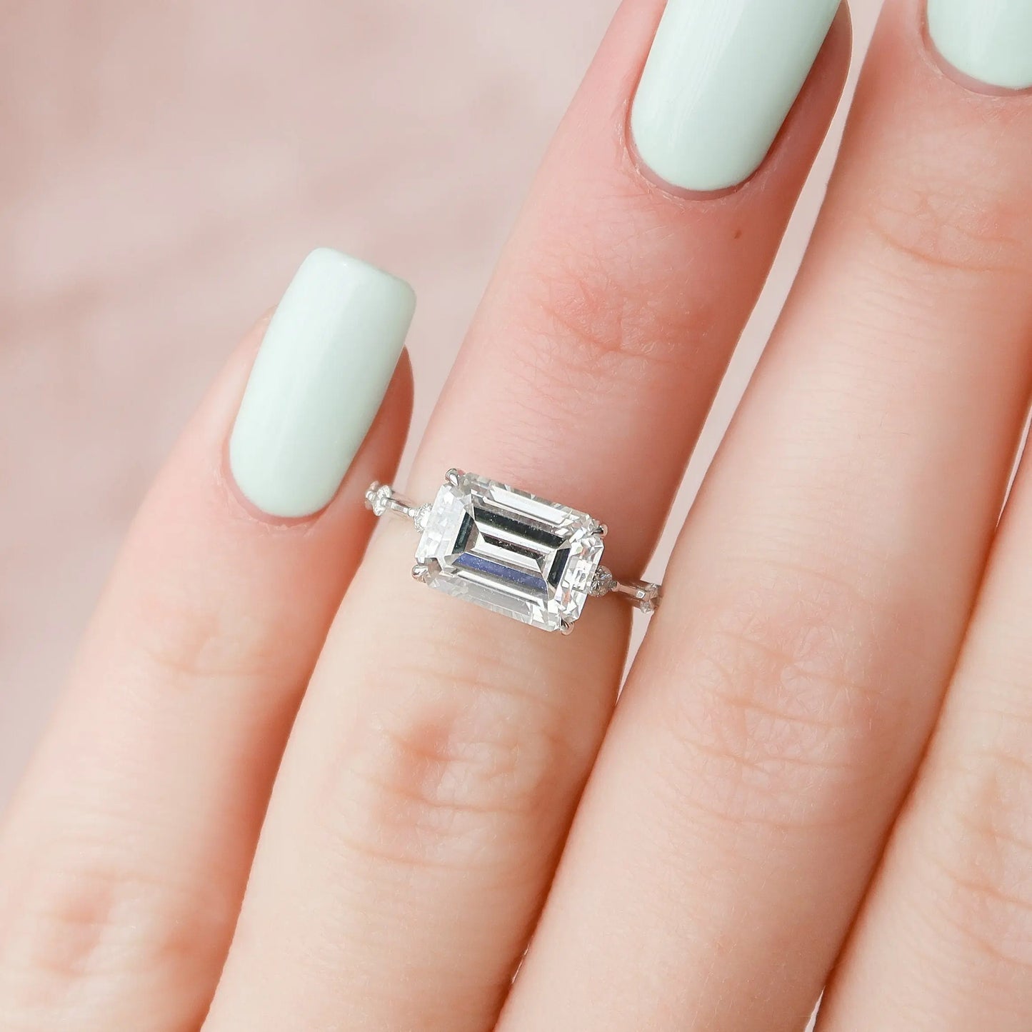 3.0CT Emerald Cut East-West Moissanite Engagement Ring