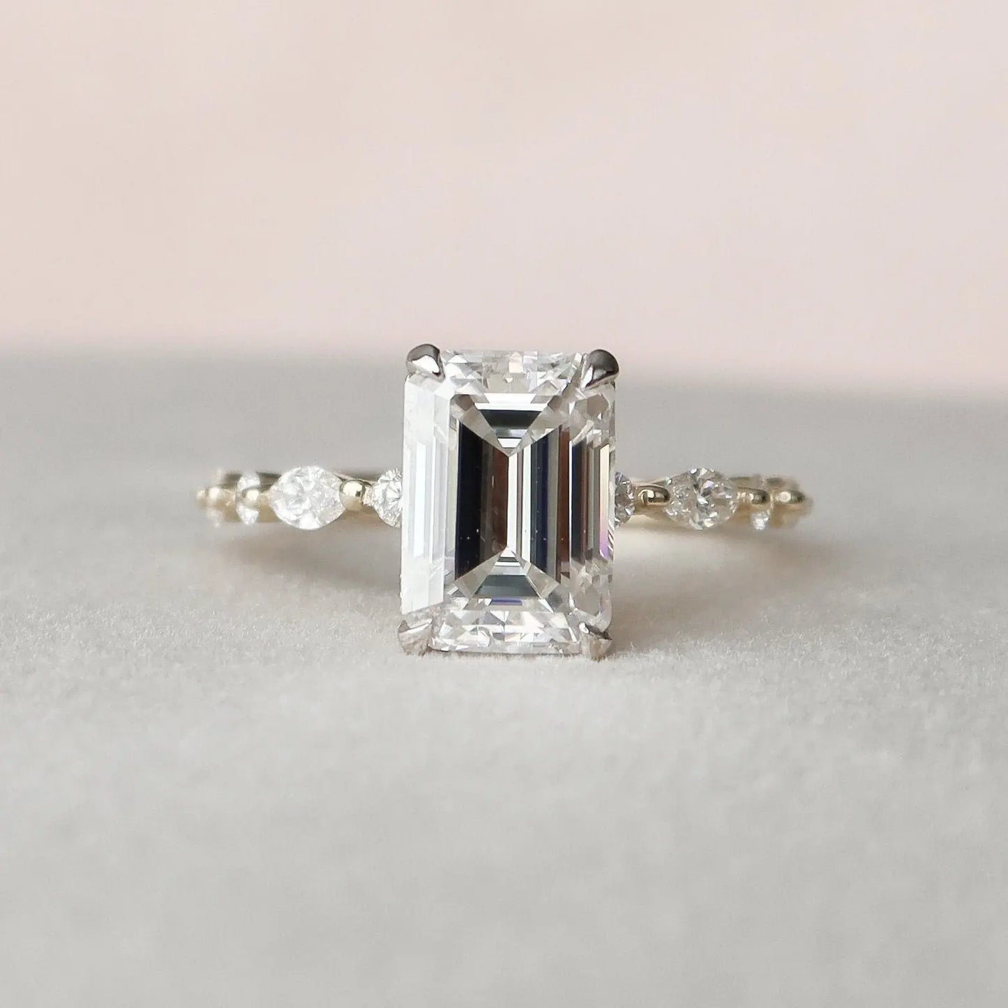 3.0CT Emerald Cut Moissanite Hidden Halo Engagement Ring