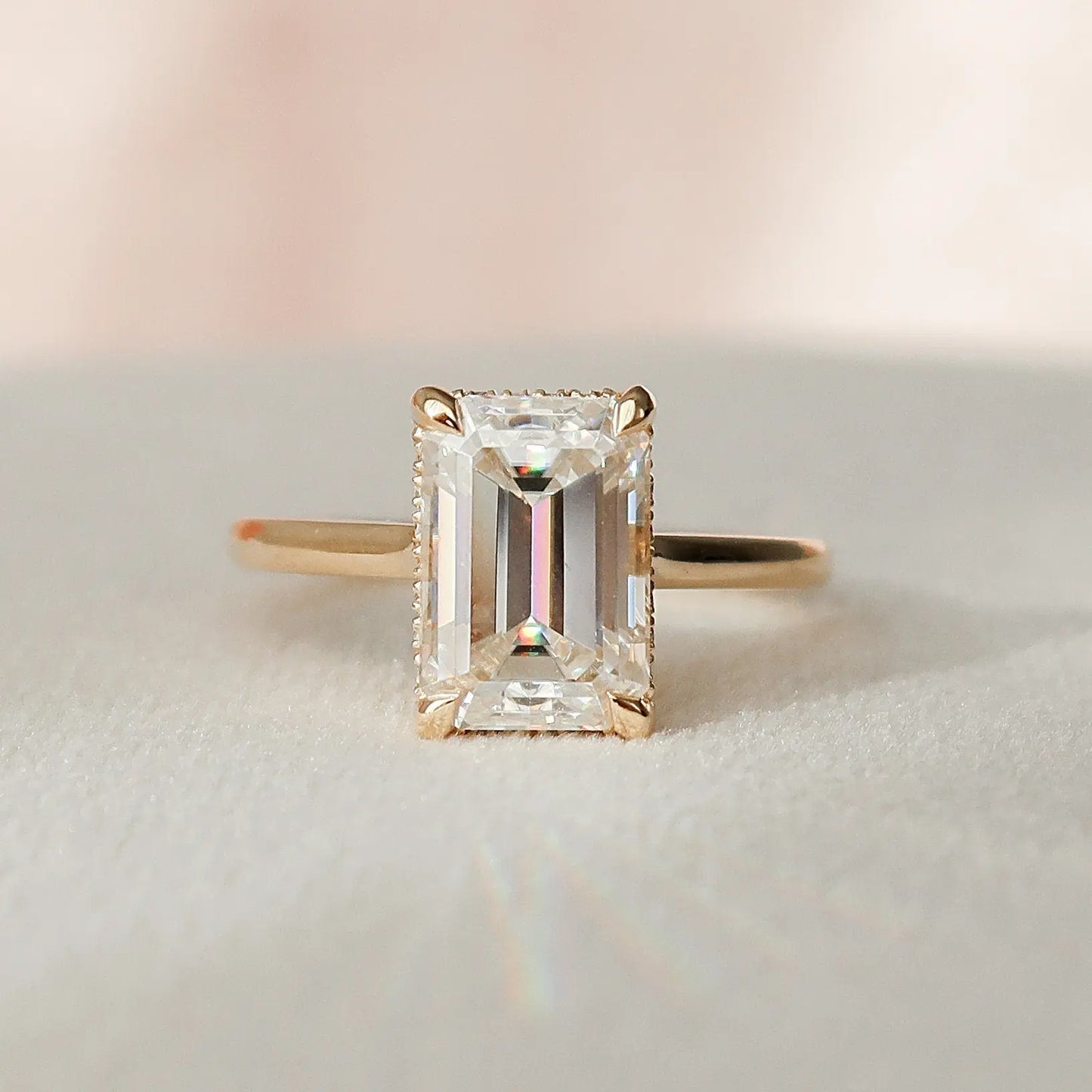 3.0CT Emerald Cut Moissanite Hidden Halo Engagement Ring