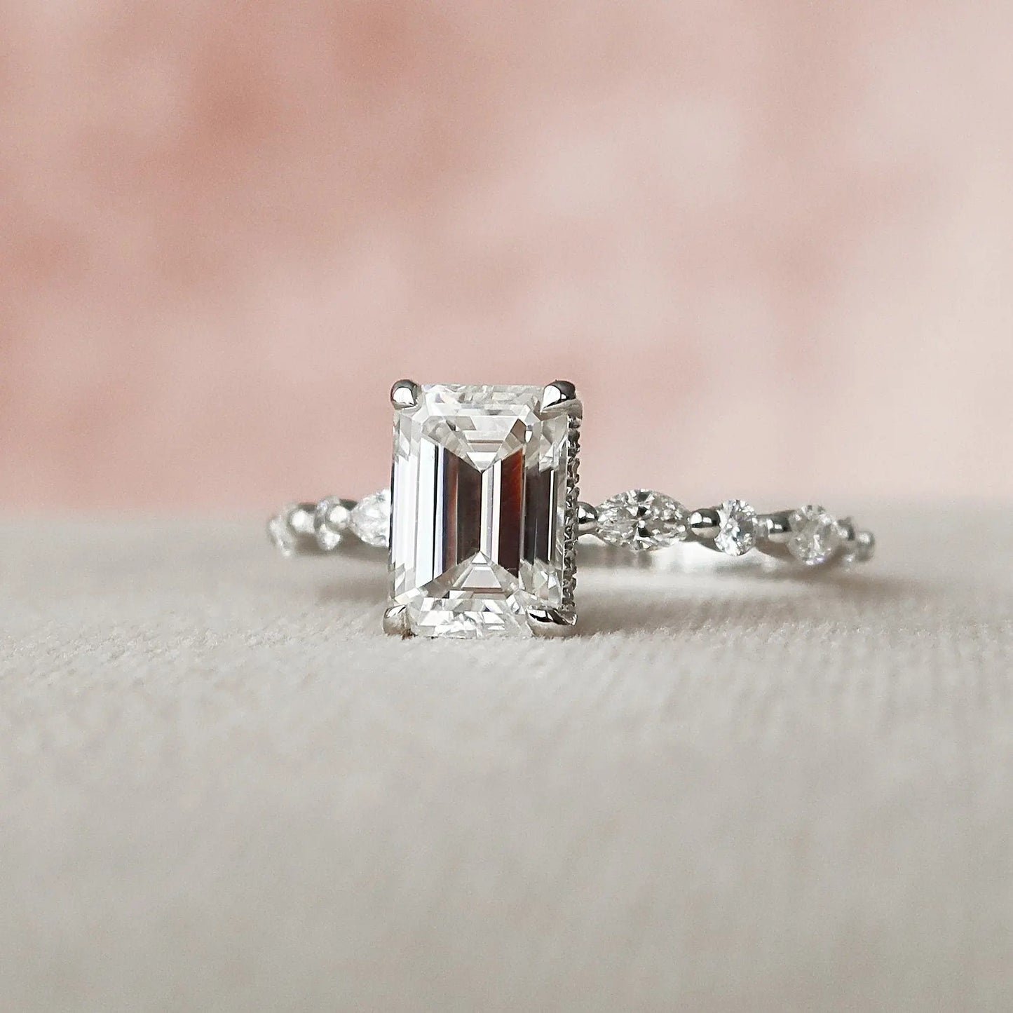 2.0CT Emerald Cut Moissanite Hidden Halo Engagement Ring