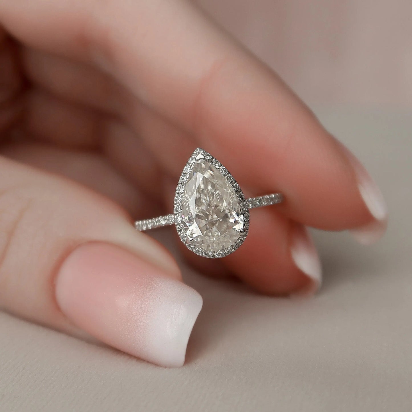 2.0CT Pear Cut Halo Moissanite Diamond Pave Engagement Ring