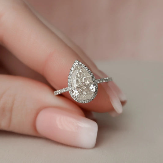 2.0CT Pear Cut Halo Moissanite Diamond Pave Engagement Ring