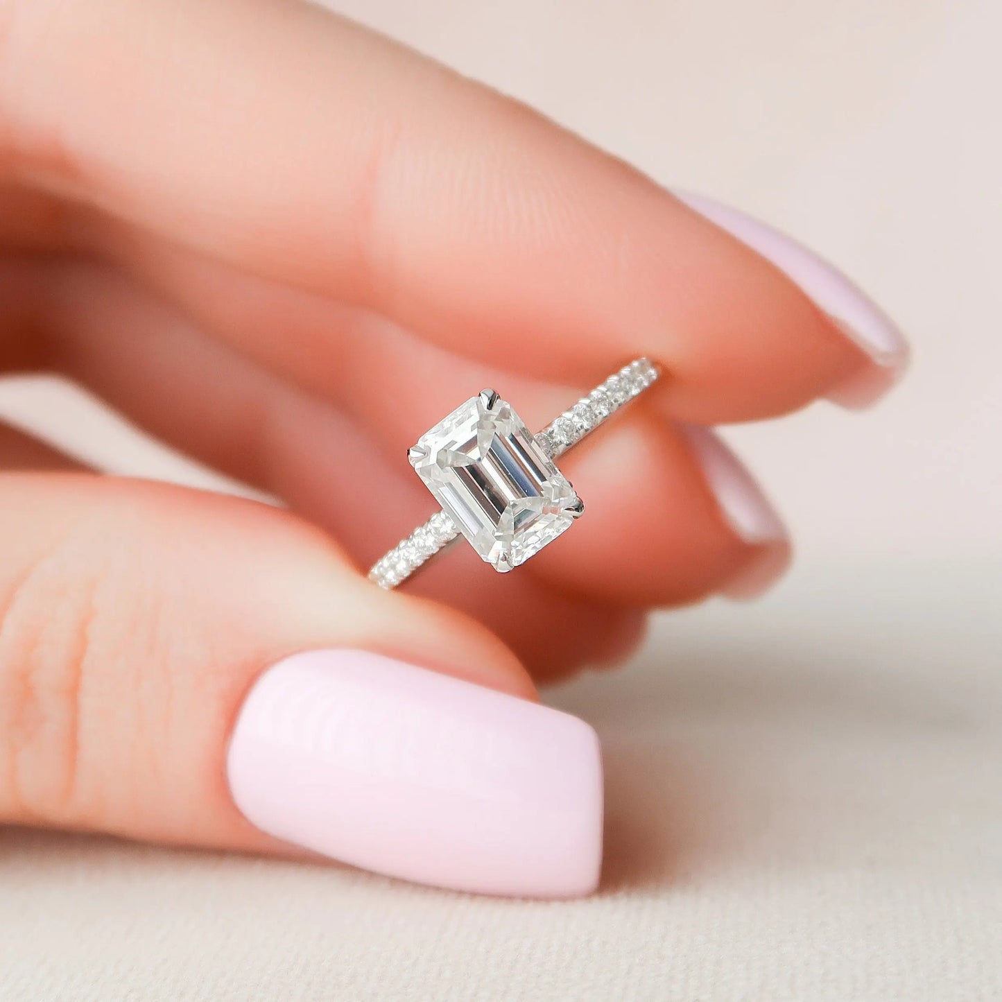 1.50CT Emerald Cut Hidden Halo Moissanite Pave Engagement Ring