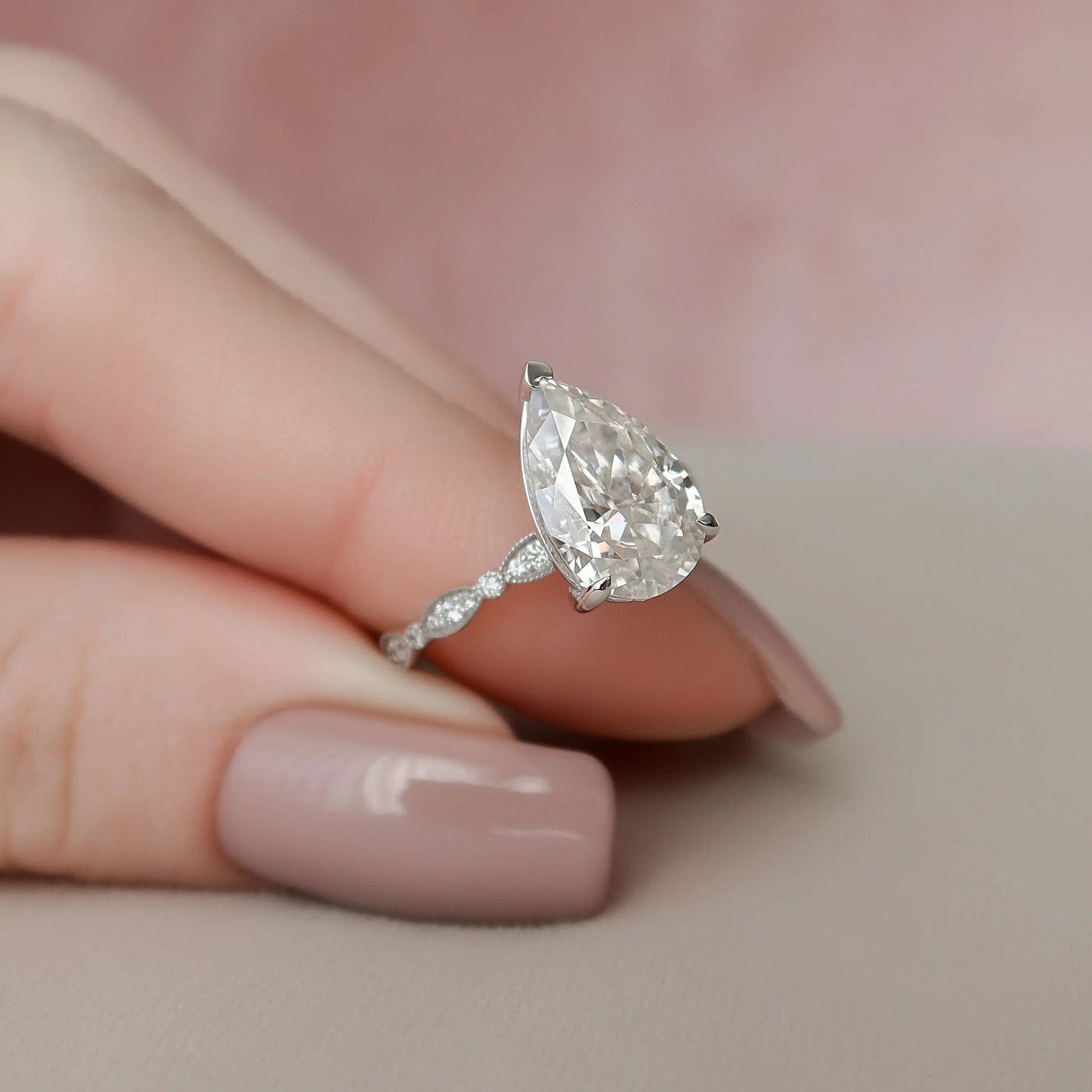 3.0CT Pear Cut Art Deco Moissanite Unique Engagement Ring