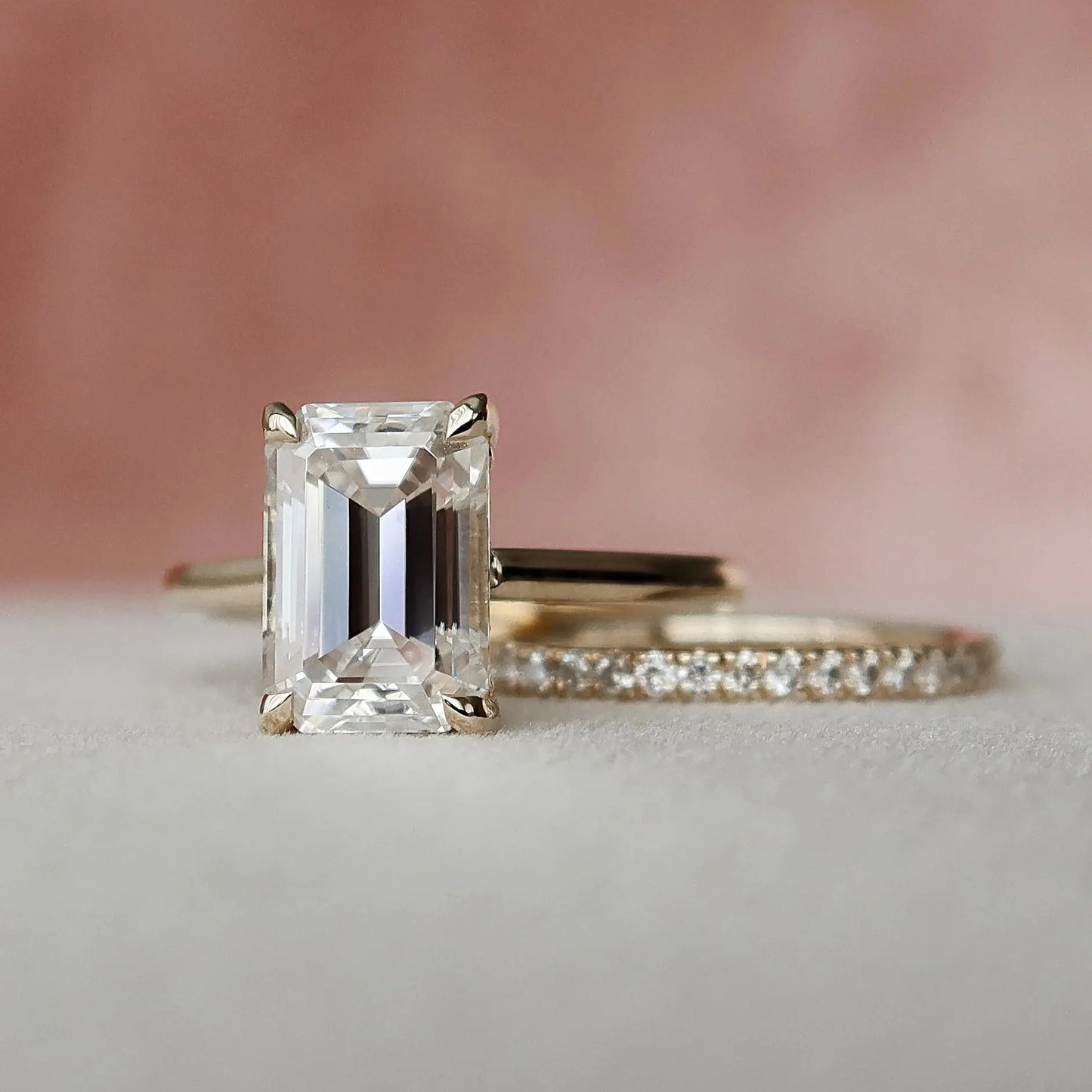 3.0CT Emerald Cut Moissanite  Halo Bridal Engagement Ring Set