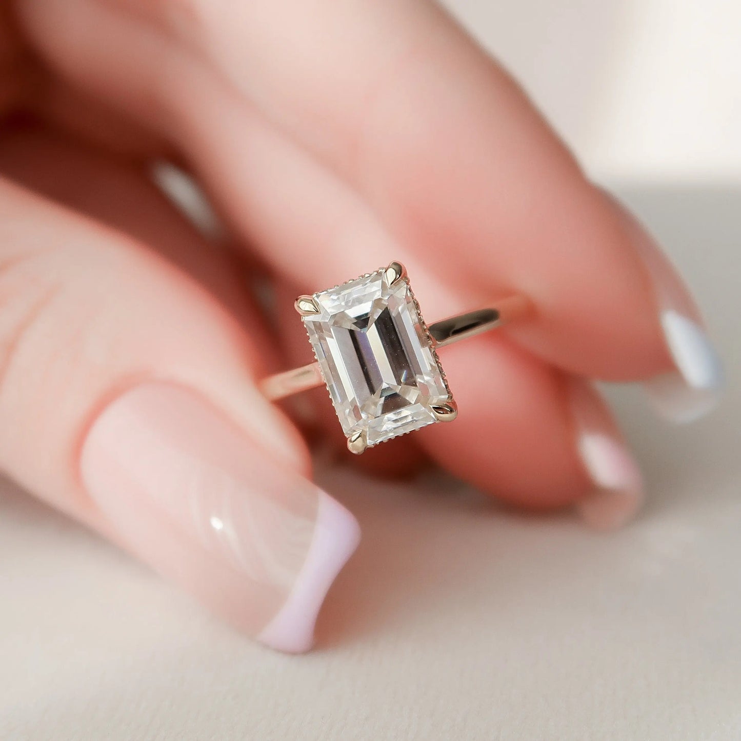 3.0CT Emerald Cut Moissanite Hidden Halo Engagement Ring