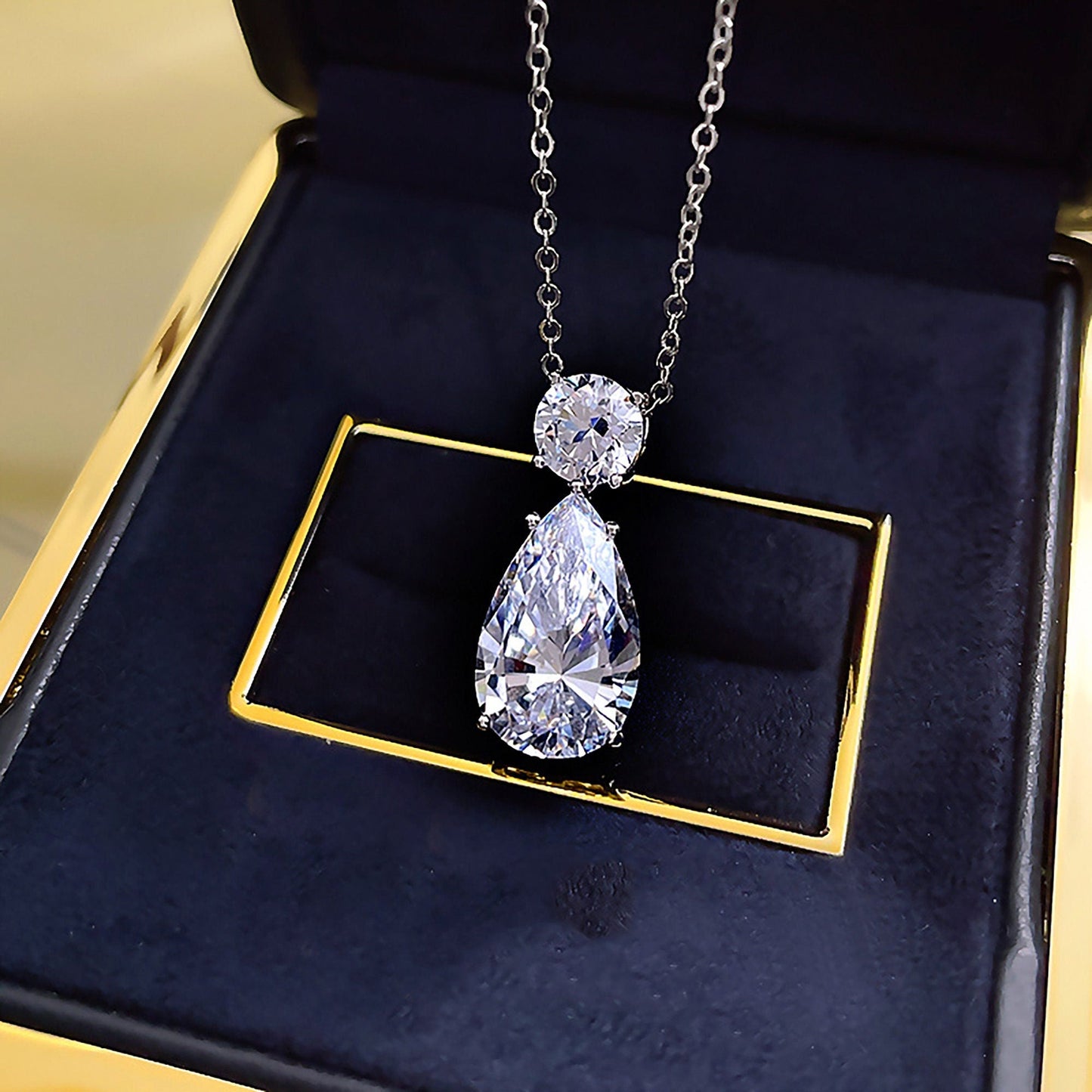 12Ct Round & Pear Moissanite Two Stone Diamond Necklace for Her