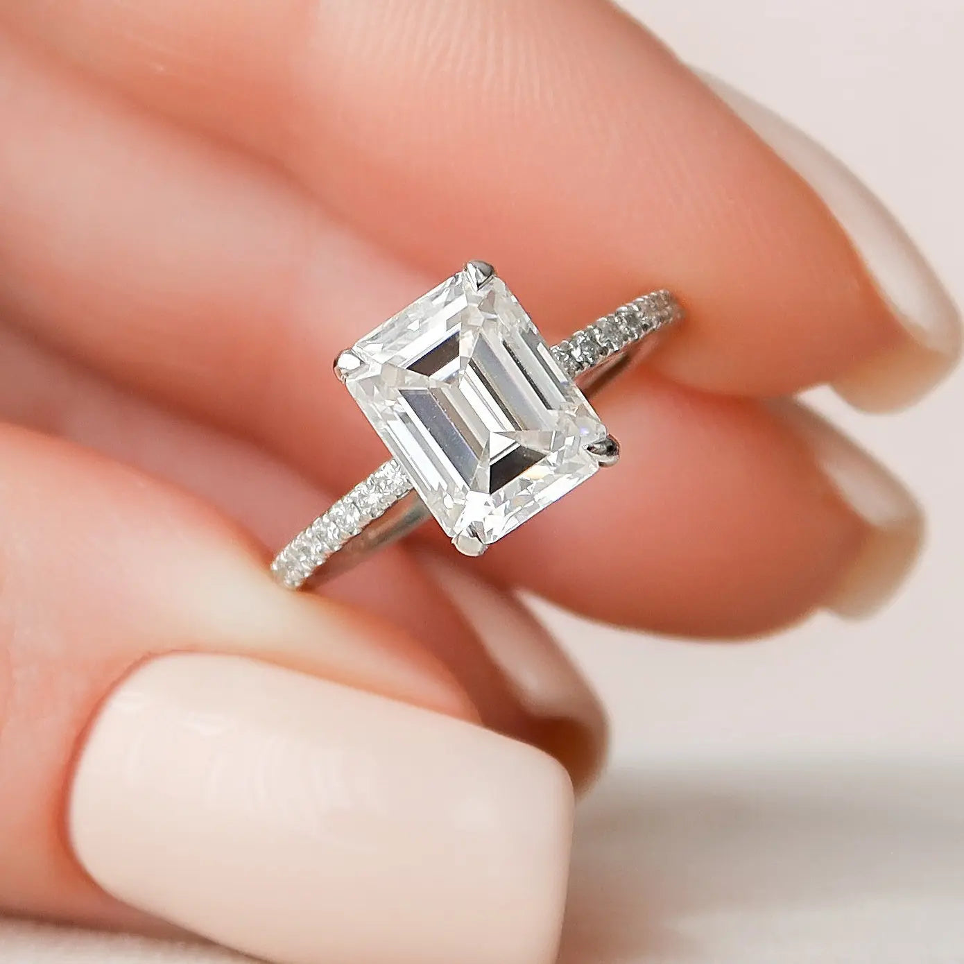 3.0CT Emerald Cut Moissanite Diamond Hidden Halo Engagement Ring